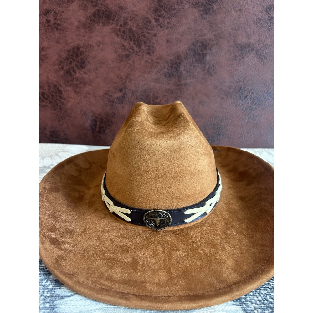 Eighty Eight Brown Faux Suede Cowboy Hat with Bull‎ Concho and Whipstitch